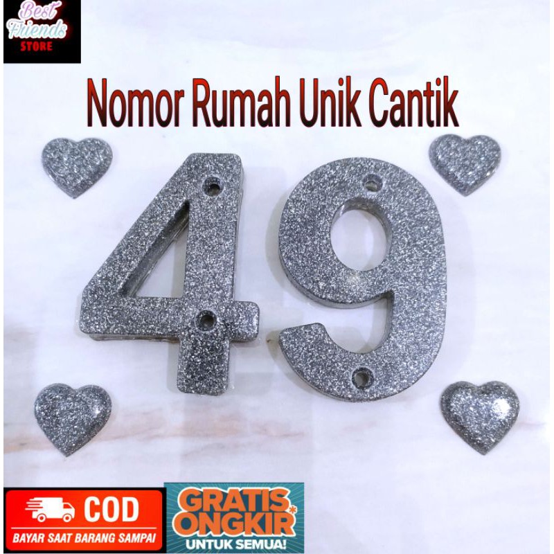 Nomor Rumah Unik aestetic dan Huruf Timbul angka & huruf hiasan glitter Silver