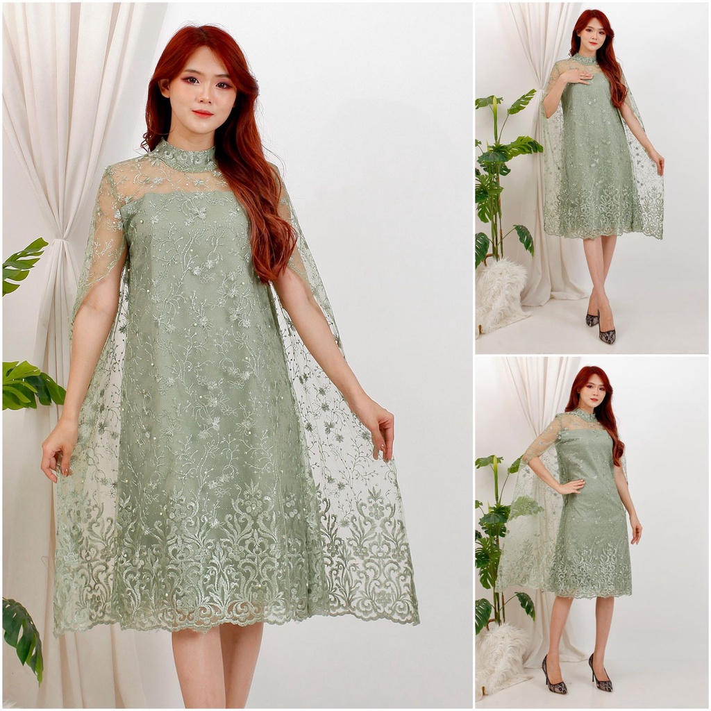 (Pasti RealPict) Dress Gretha Brukat Tile Bordir Gliter Tulle Brokat Dres Pesta Mewah Tille Murah