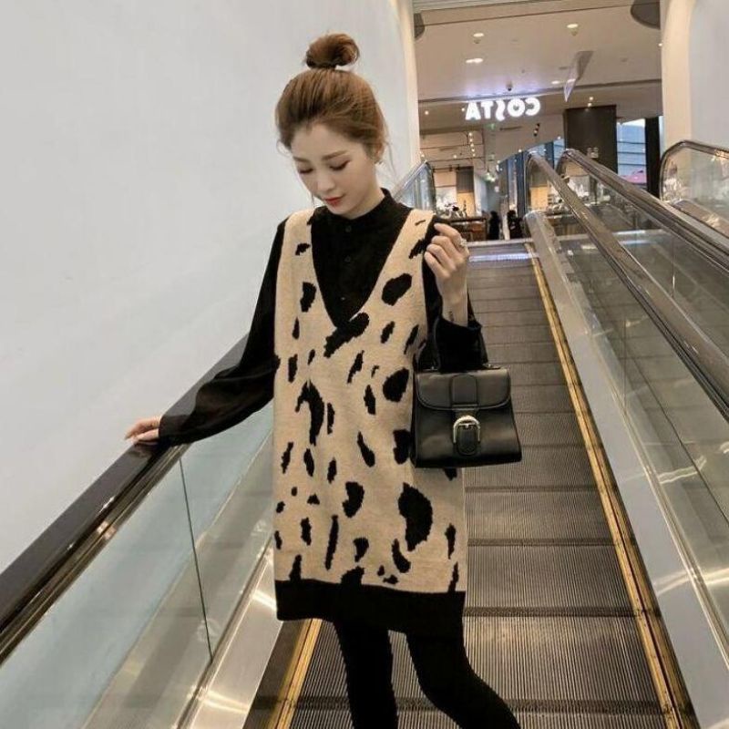 IMPORT WOMAN KNIT LONG VEST LEOPARD WINTER AUTUMN OUTFIT ROMPI RAJUT WANITA PANJANG MUSIM DINGIN