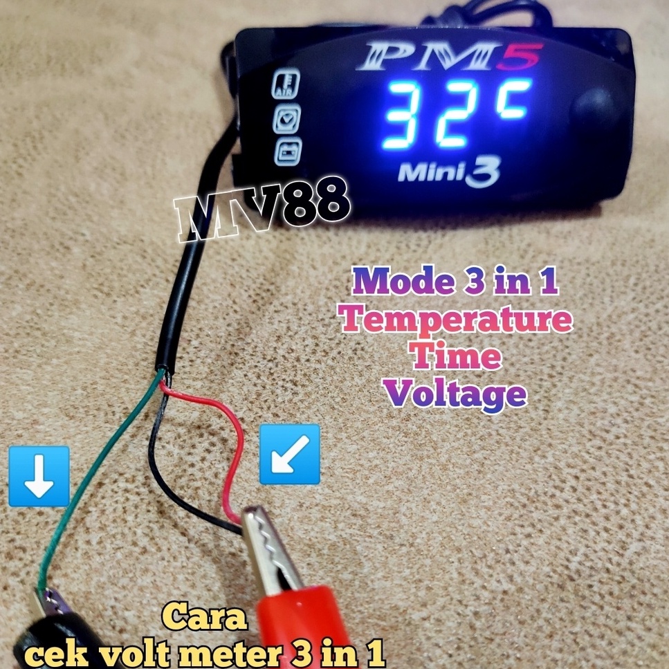 VOLT METER AKI 3 IN 1 FUNGSI VOLTMETER DIGITAL JAM DAN UKUR SUHU MOTOR Variasi