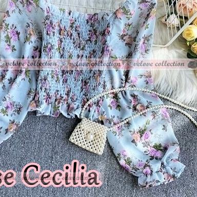 ✻ KALANTHA FASHION Blouse Serut Karet Sabrina Lengan Panjang Motif Bunga Bahan Sifon Casual ✾