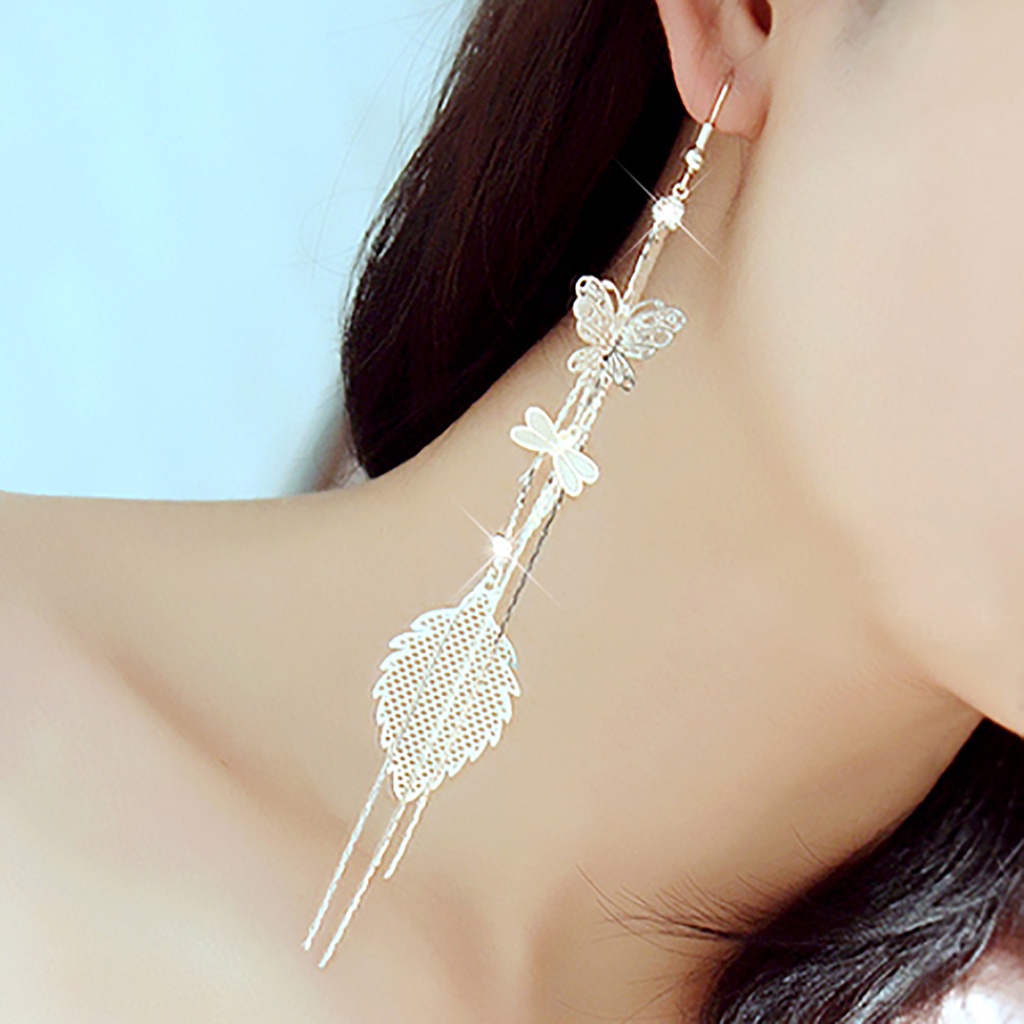 Hu Hu Hu Hu Hu Alat Bantu Pasang Kacamata♡ 1 Pasang Anting Rantai Rumbai Desain Butterfly Dragonfly Leaf Linear Aksen Berlian Imitasi Untuk Wanita