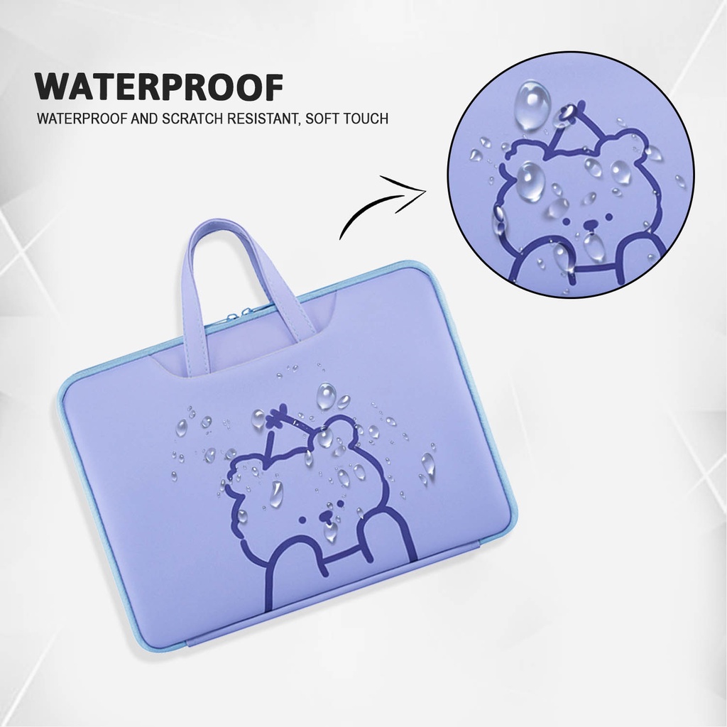 Sleeve Pouch Sarung Tas Bag Case Ipad Tab Tablet Macbook Air Pro Laptop Asus Acer Lenovo HP Huawei 11 12 13 14 15 inch Motif Gambar Kartun Cartoon Bear Beruang Warna Ungu Purple Lilac Cute Murah Korean Model Jinjing Tali Strap Waterproof Tahan Air