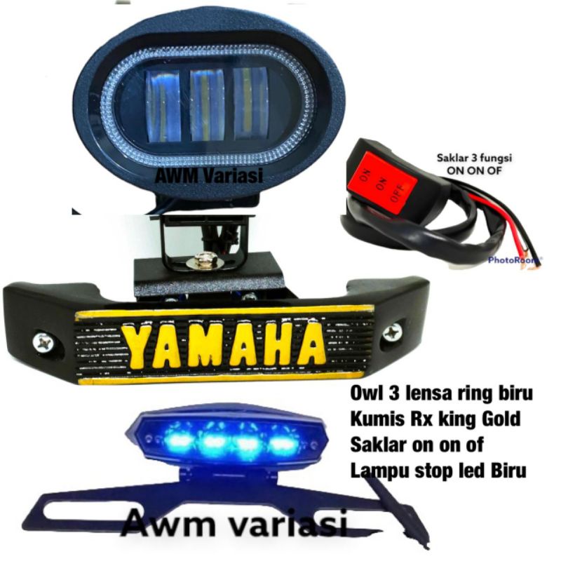 PAKET LAMPU TEMBAK DAYMAKER / OWL 3 LENSA BULAT SPOT LIGHT SUPER TERANG + KUMIS RX KING + SAKLAR + LAMPU STOP BELAKANG