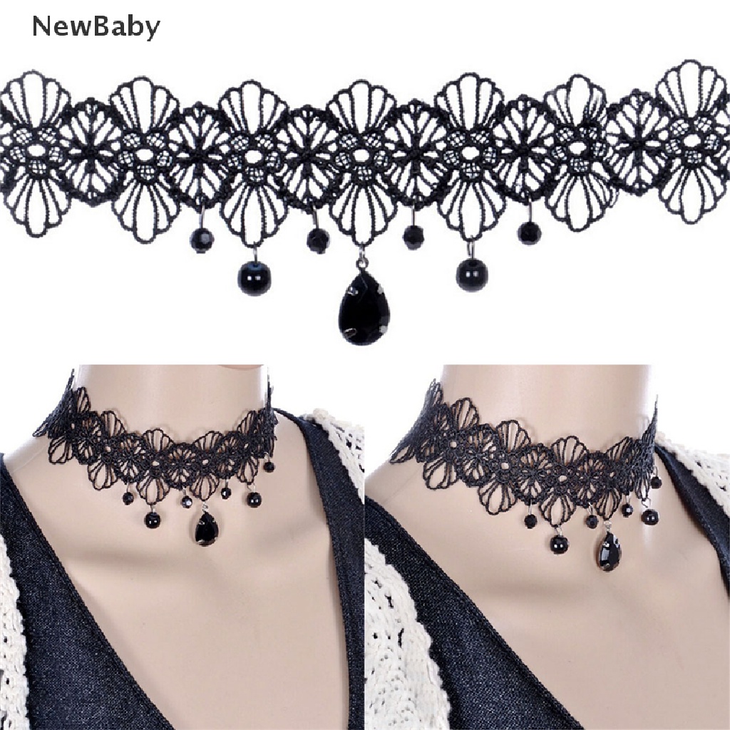 Kalung Choker Bahan Lace Warna Hitam Dengan Liontin Bunga Gaya Gothic Retro Untuk Perhiasan