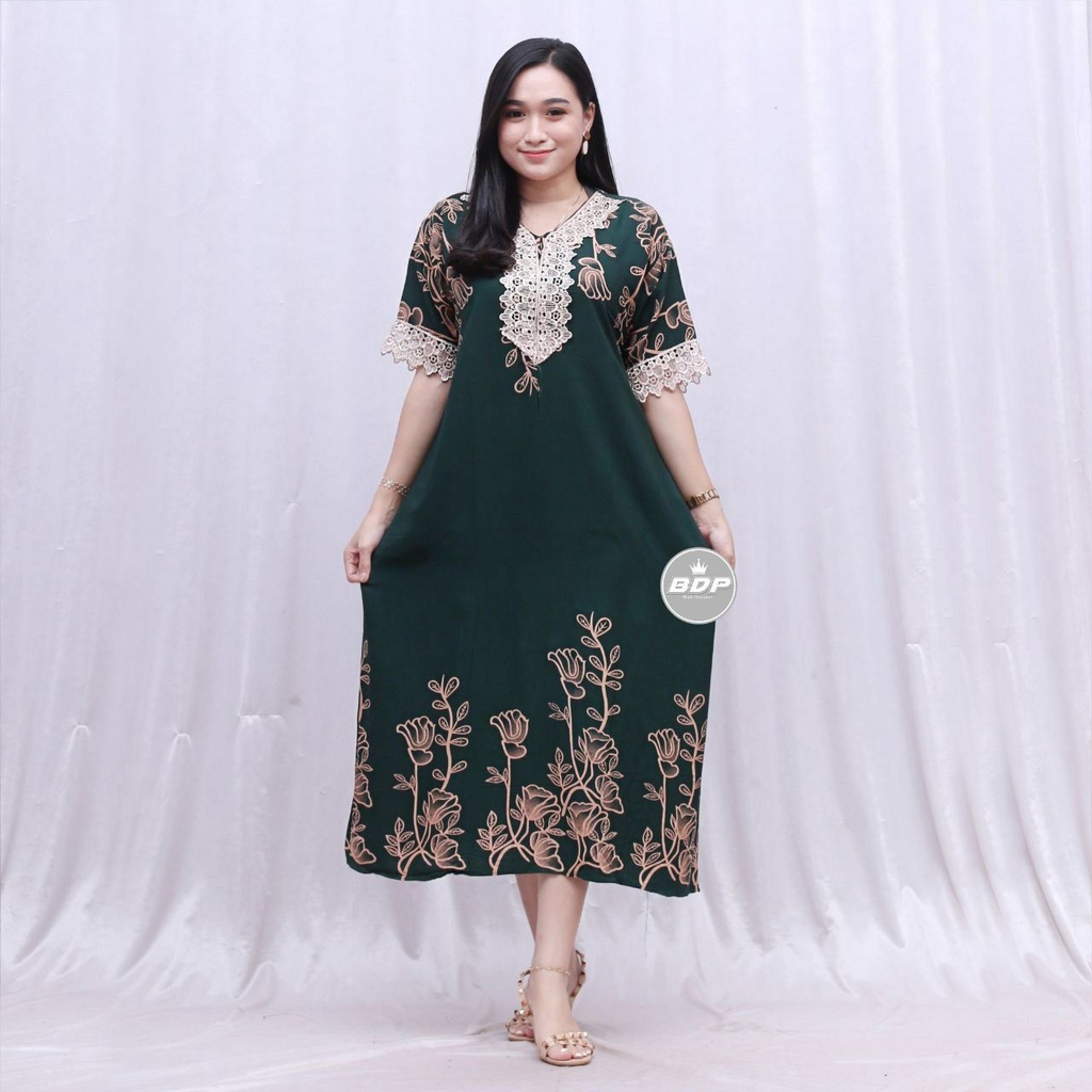 Dianputri - Daster Arab Zeema | Rayon Super Grade A | Resleting Depan Busui | Renda Milo Ori-afika ijo botol