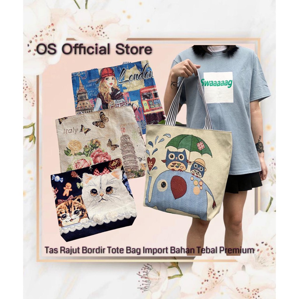 OS Tas Rajut Bordir Tote Bag Import Bahan Tebal Premium 3D