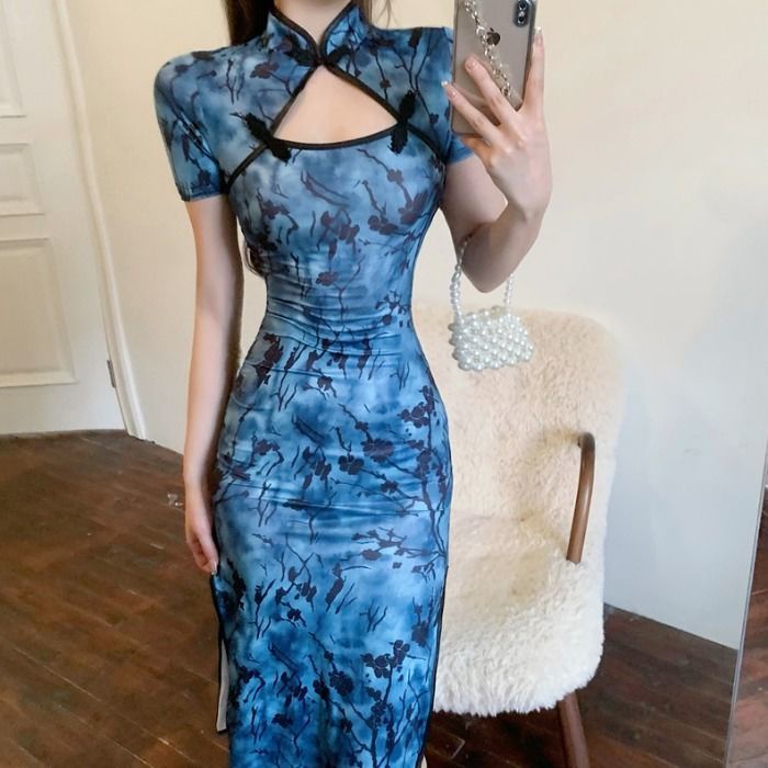 Vintage daily cheongsam improved version young style bone etching hollow out high split middle and l