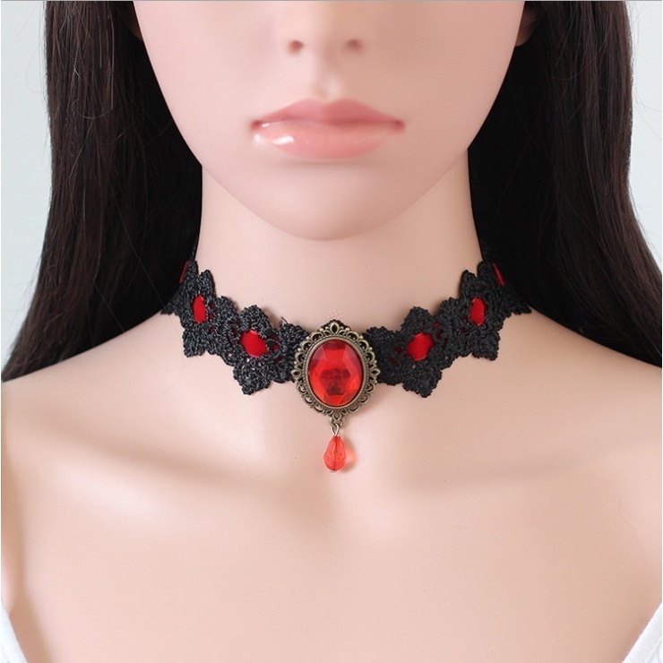 Kalung Choker Bahan Velvet Lace Dengan Liontin Batu Permata Untuk Wanita