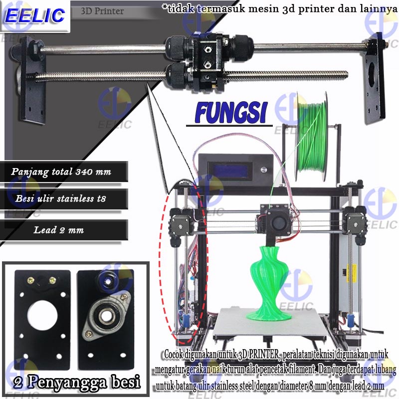 EELIC SLR-25T8L2J200 Rakitan slider rel panjang 340 mm linear bearing block d8 25 mm lead besi ulir 2mm sparepart 3d printer