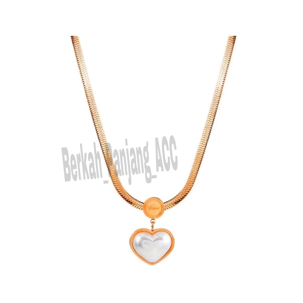 KALUNG TITANIUM GEPENG LOVE MUTIARA LAUTAN DESAIN SUPER ELEGAN  KOREA PERHIASAN ANTI KARAT DAN ANTI LUNTUR