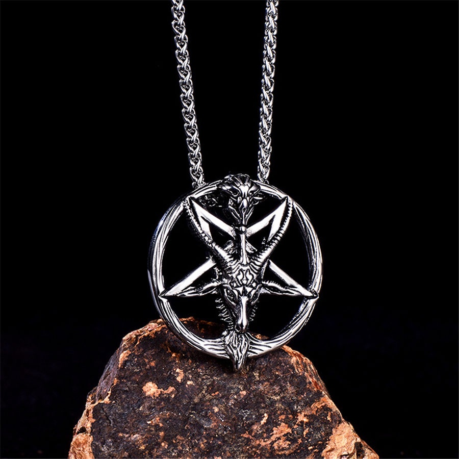 Metal Satan Devil Skull Sheep Head Inverted Five-Pointed Star Pendant Fashion Retro Domineering Necklace for Men's Punk Jewelry