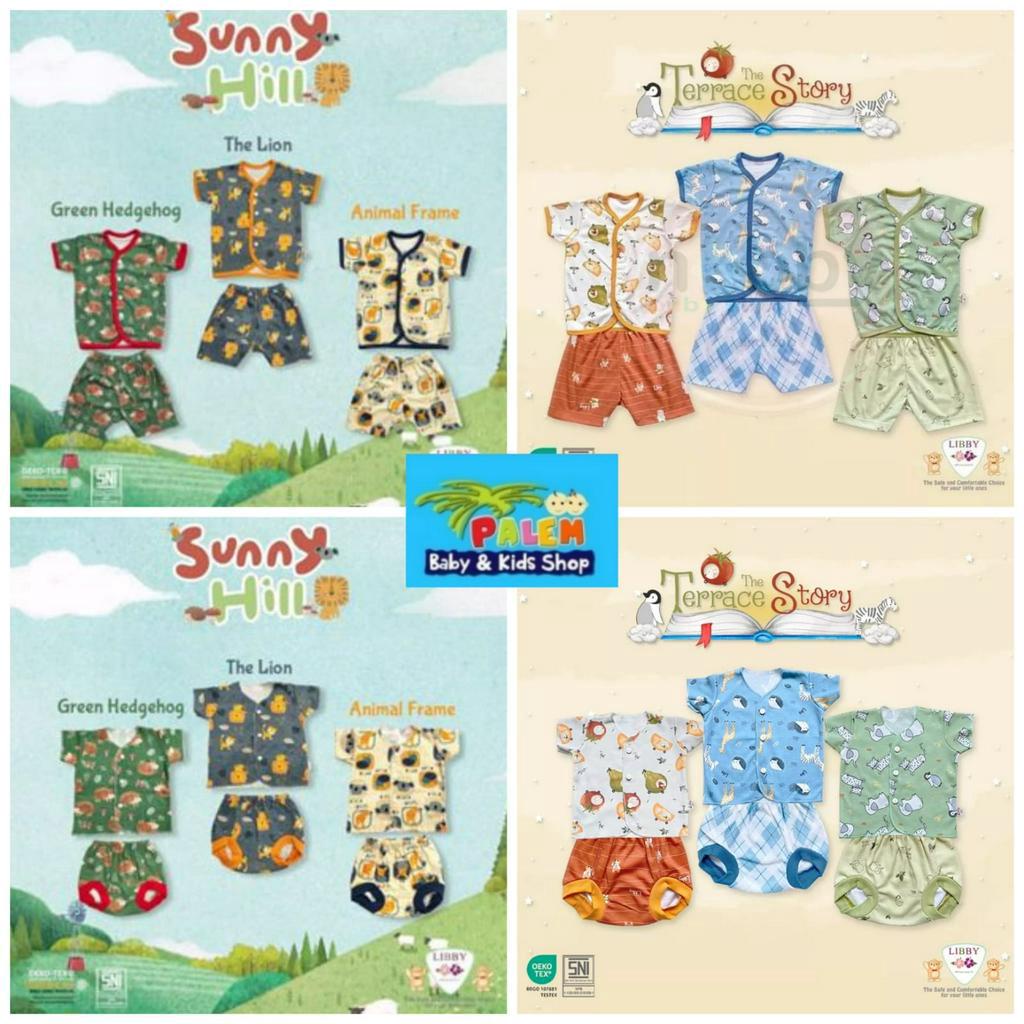 LIBBY Baju/ Setelan Baju Pendek Kancing Depan Libby 0-3M 3-6M SML