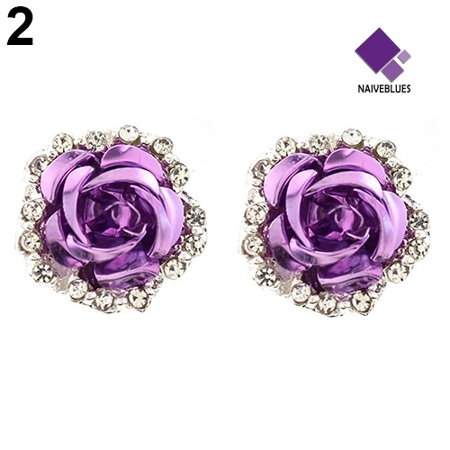 Anting Stud Tindik Bentuk Bunga Mawar Aksen Berlian Imitasi Untuk Wanita