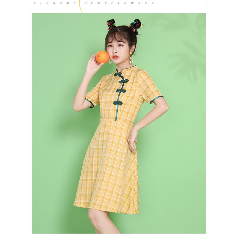 Cheongsam Dress wanita kuning kotak kotak besar katun Korea lengan pendek  elegant