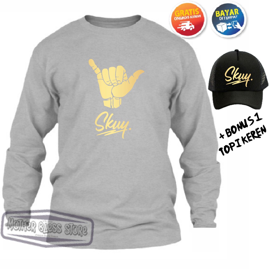 Kaos Distro Lengan Panjang BONUS TOPI  Baju Skuy Ya Kali Ga Quy Terbaru Logo Gold 100%Catton Premium