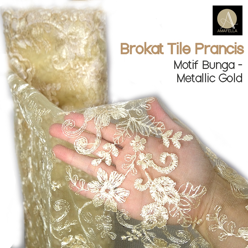 1/2 meter Kain Brokat Tile Prancis Bahan Kebaya Motif Bunga Gold