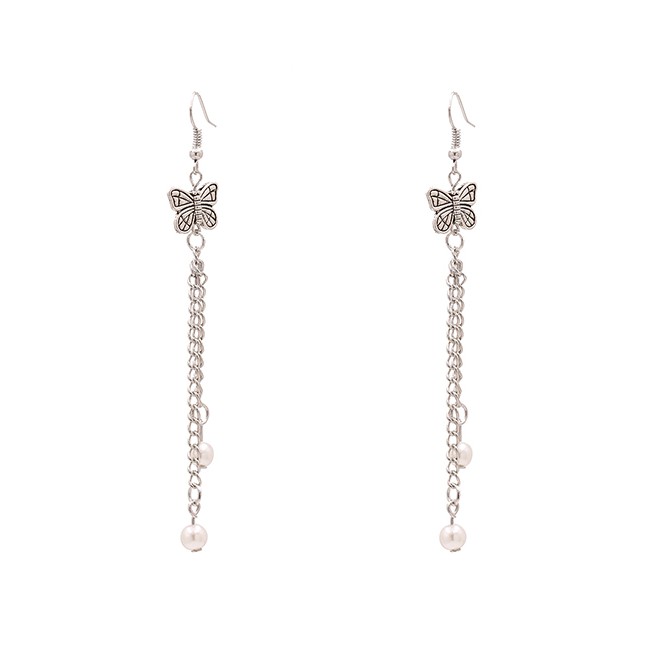 LRC Anting Gantung Fashion Silver Ancient Silver Tassel Butterfly Pearl Alloy Earrings K43713