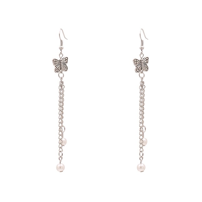 LRC Anting Gantung Fashion Silver Ancient Silver Tassel Butterfly Pearl Alloy Earrings K43713