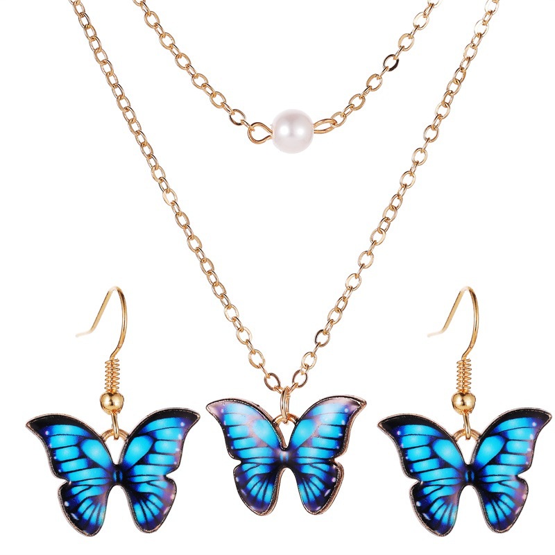 Butterfly Set Kalung Bentuk Kupu-Kupu | Anting Bentuk Kupu-Kupu Warna-Warni Aksen Mutiara Untuk Wanita Butterfly | Aksesoris Rambut Untuk Wanita