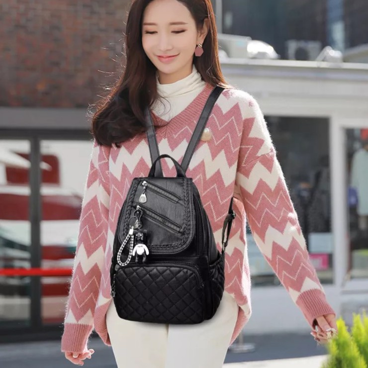 READY COD Ransel Mini Kulit Sintetis Motif Jait-Jait Bordir  Ransel Wanita Remaja Murah / Tas Ransel-1