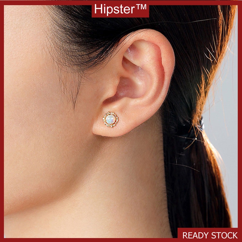 New Fashion Ins Style round Colored Gems White Gold Stud Earrings