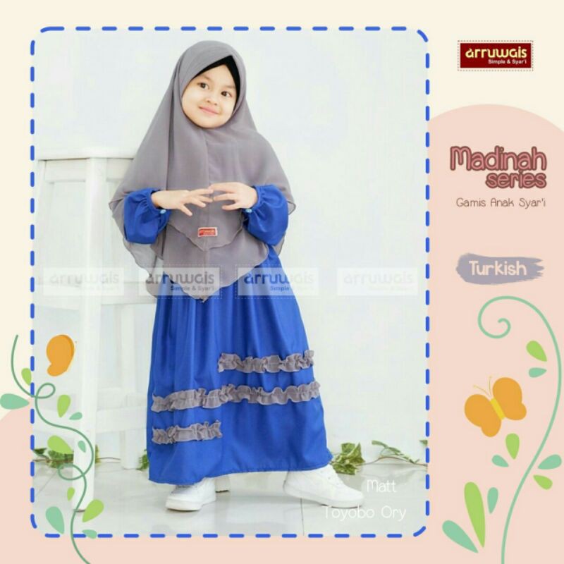 Gamis anak katun madina Arruwais biru 2 tahun