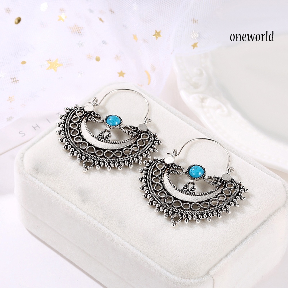 OW@ Ethnic Hollow Pattern Artificial Turquoise Chandelier Dangle Earrings Women Gift