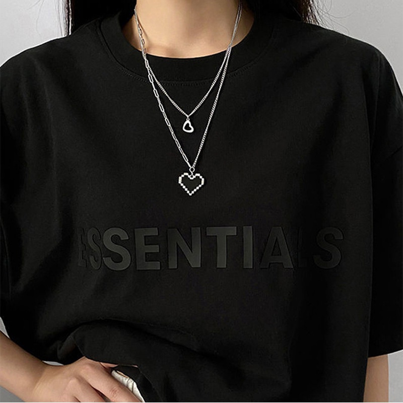 Kalung Rantai Klavikula Lapisan Ganda Desain Mosaik Hati Warna Hitam Gaya Hip Hop Untuk Wanita