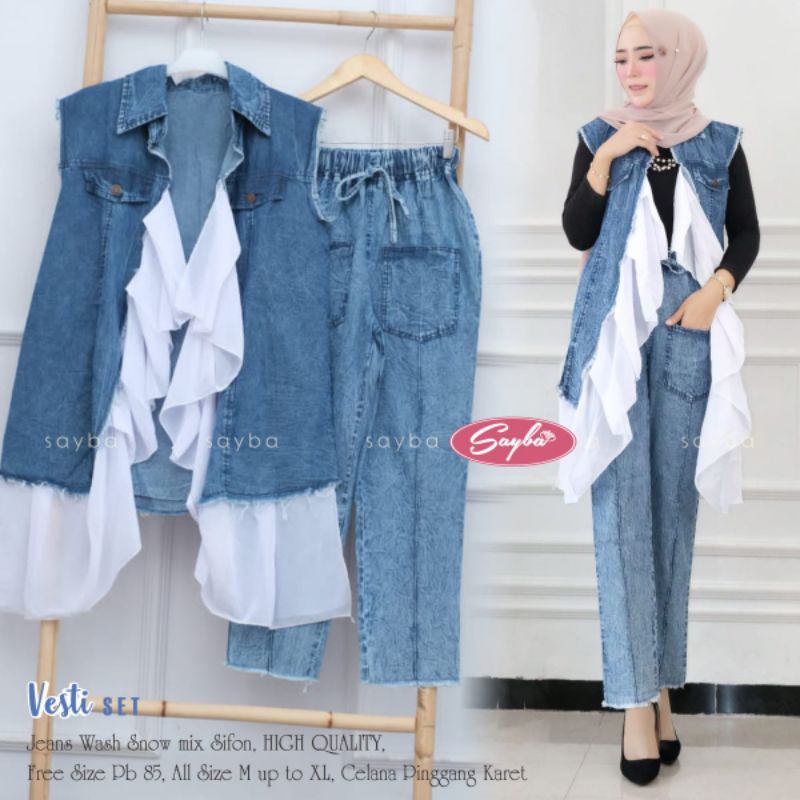 vesti set / setelan outer dan celana jeans wash / one set terbaru / cardigan jins / cardy jeans wash