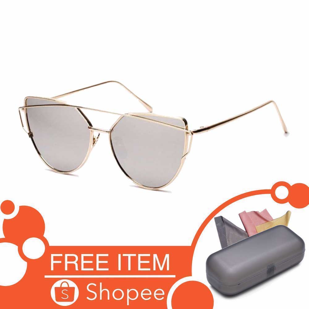 Anti UV Eye Cat Sunglasses [ Grey Gold ] Pria dan Wanita - Desaign Korea - NY Free Kotak Kacamata