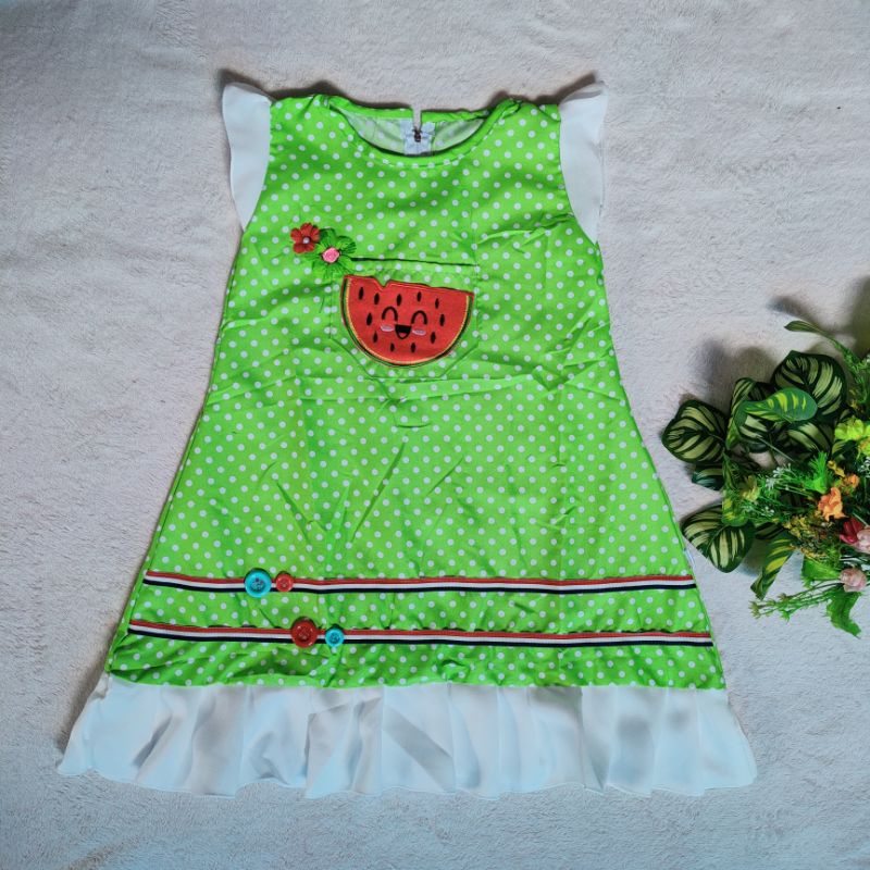 Dress Anak 1 2 4 5 tahun gaun anak cewek perempuan polka cantik terbaru watermelon water melon semangka( dress watermelon )