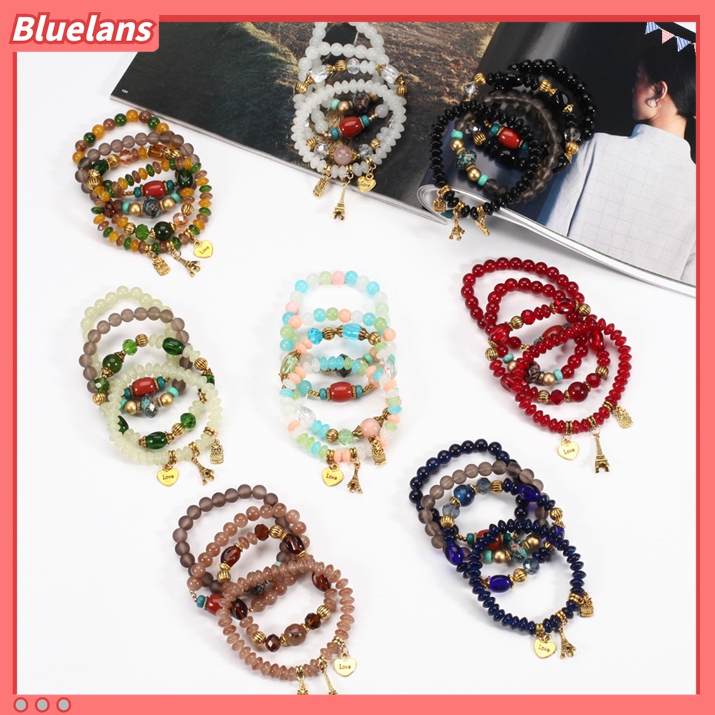 4pcs / Set Gelang Tali Elastis Liontin Burung Hantu Menara Eiffel Gaya Bohemia Untuk Wanita