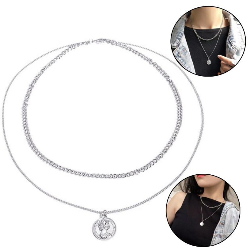 Kalung Double Layer Elizabeth Silver Coin Multilayer Necklace