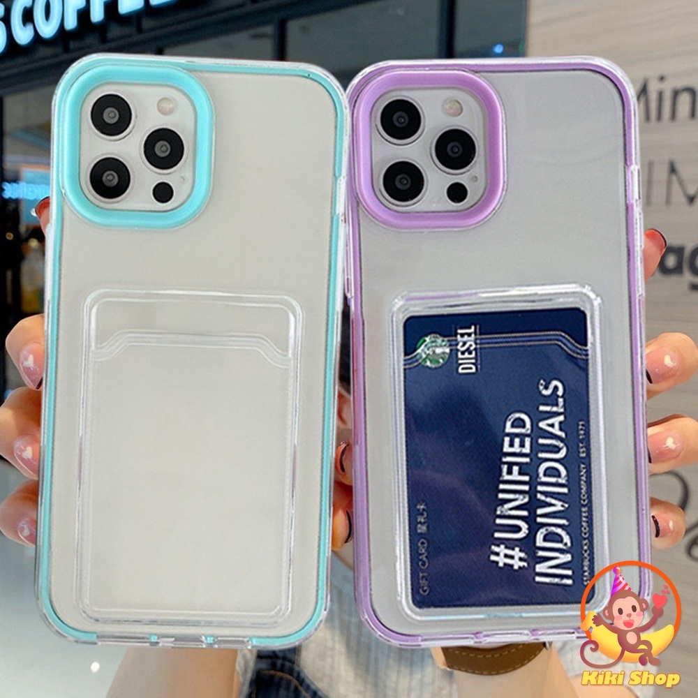 IPHONE Card Holder Heavy Duty Colorful Frame Crystal Phone Case Untuk Iphone12 11 Pro Max X Xs XR 87 Plus 3in1 Shockproof Bumper Lembut TPU Penutup Belakang