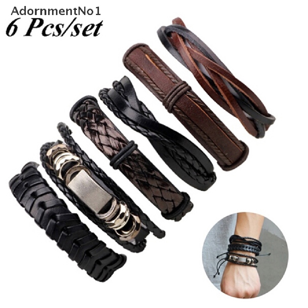 (AdornmentNo1) 6pcs / set Gelang Tali Kulit Imitasi Multilayer Gaya Vintage Untuk Pria