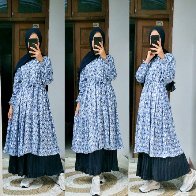 SET TUNIK DAUN BLUE ROK NAVY