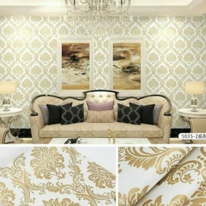 WALPAPER STIKER DINDING MOTIF BATIK GOLD DASAR PUTIH.