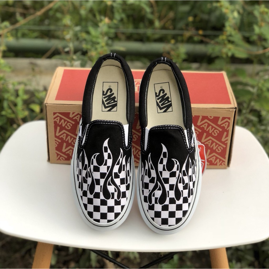 vans slip ons checkerboard flame