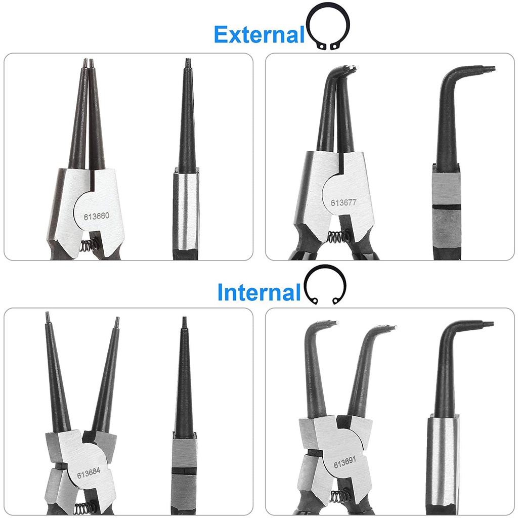 Set Tang Cincin Snap 7 inci TugasBerat Kit Tang Circlip Internal / Eksternal dengan Tang Pegas Pegas Presisi Rahang Bengkok Lurus untuk Penahan Ring Remover