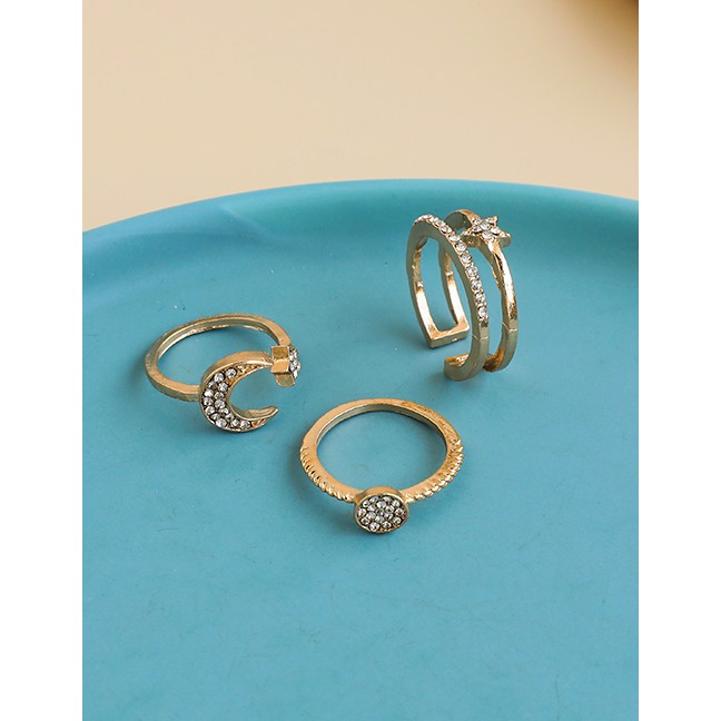 LRC Cincin Set Fashion Golden Alloy Diamond Moon Pentagram Ring Set P16559