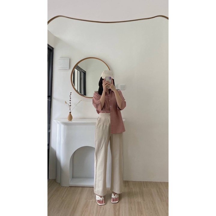 Kimmy Highwaist Cullote Pants  Wide Leg Linen Cullotes  Celana Panjang Linen Kulot Wanita-Ivory
