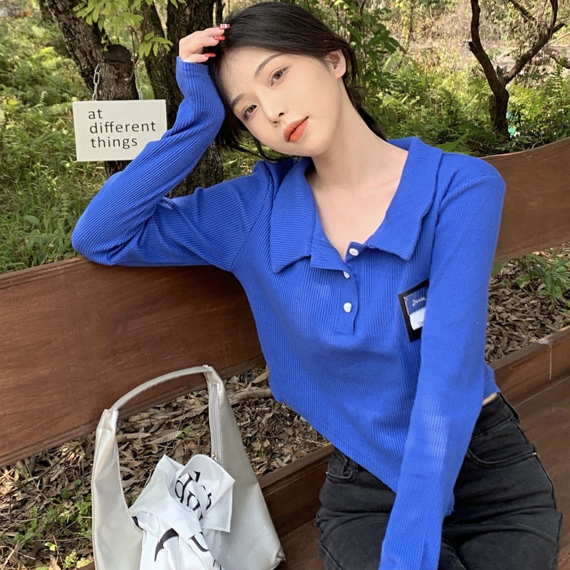 Sweet babes short top women s design sense niche spring chic chic Klein blue lengan panjang T-shirt