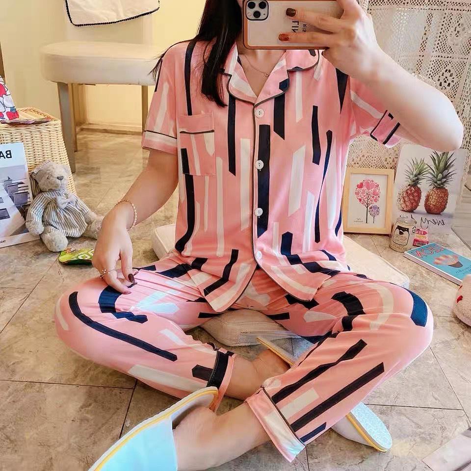 Baju Tidur Piyama Set/Piyama Wanita Import/Baju Piyama Lengan Pendek/Short Sleep Wear A1-A10-A4-Pink Garis