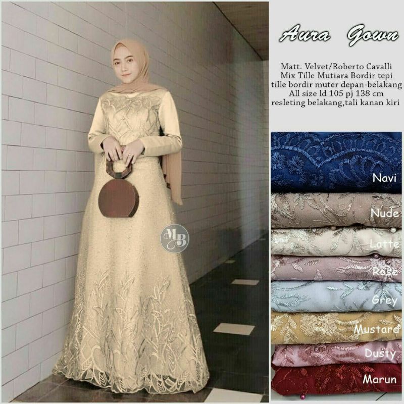 KHUSUS GROSIR Gamis Brokat Aura Gown • Gamis Syar'i • Tile mutiara mix velvet saten