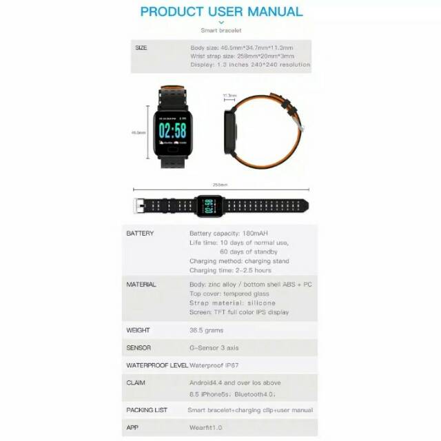 Smartband A6 anti air monitor detak jantung/jam pintar/fitnes tracker