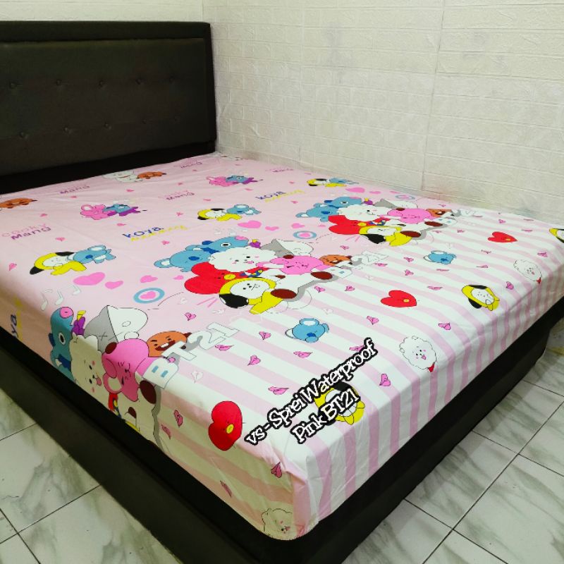 SPREI WATERPROOF MOTIF SPREI ANTI OMPOL 120 160 180 200-WP Pink BT21