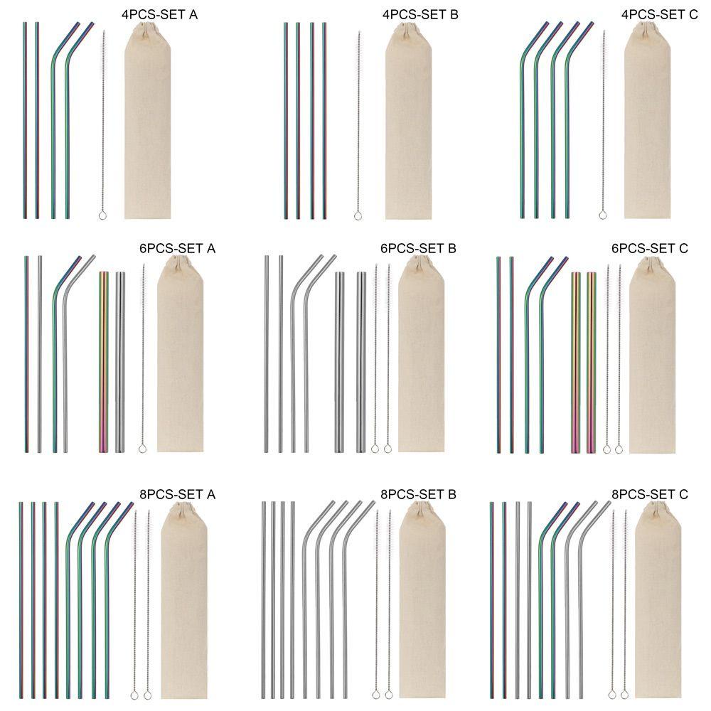 R-FLOWER 4/6 /8PCS Sedotan Minum Logam Dapat Digunakan Kembali Rumah &amp; Dapur Melengkung Lurus Perlengkapan Pesta Bar Aksesoris