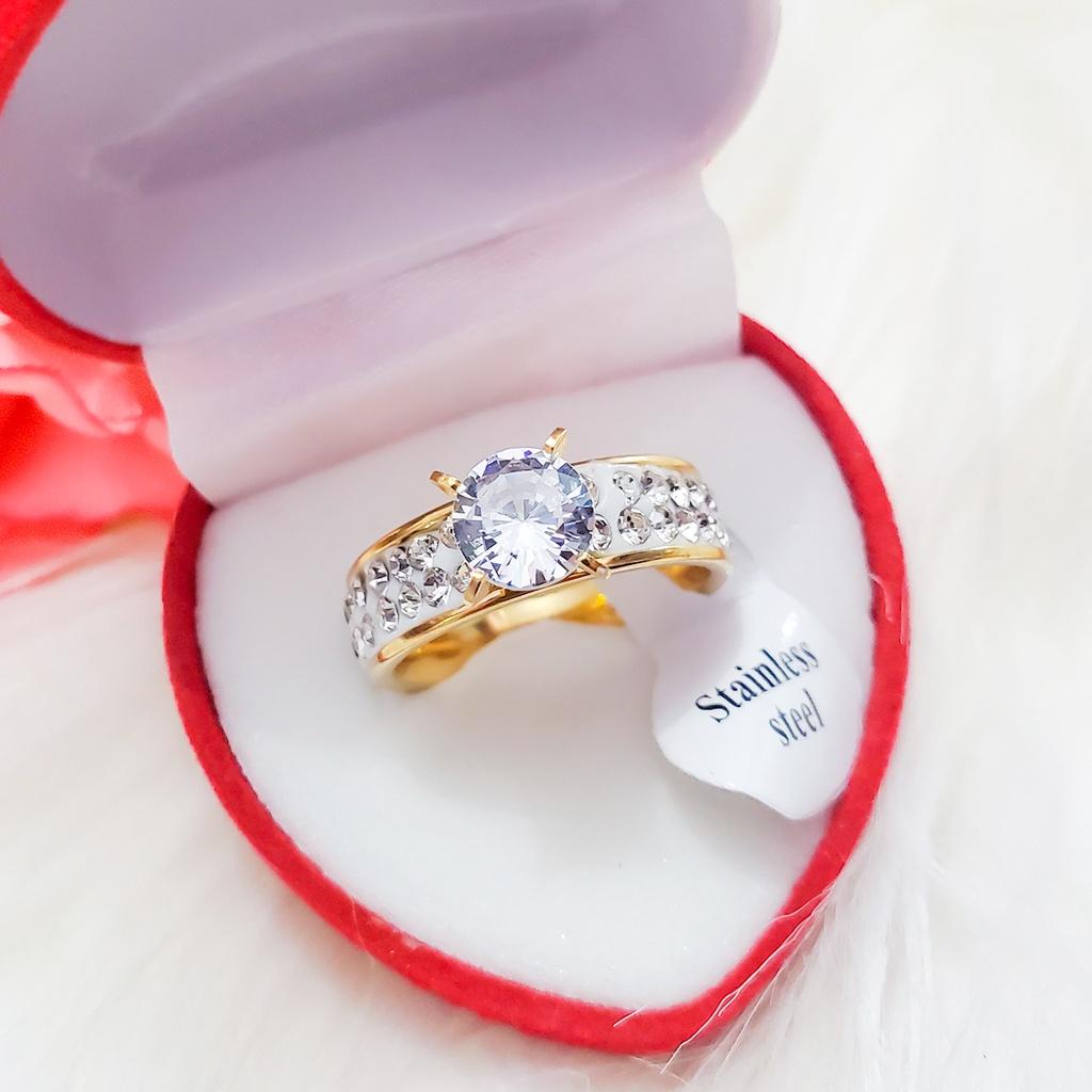 Cincin Titanium Anti Alergi Mata Satu 2 baris Lapis Emas 18k Plus Kotak Cincin Bentuk Love