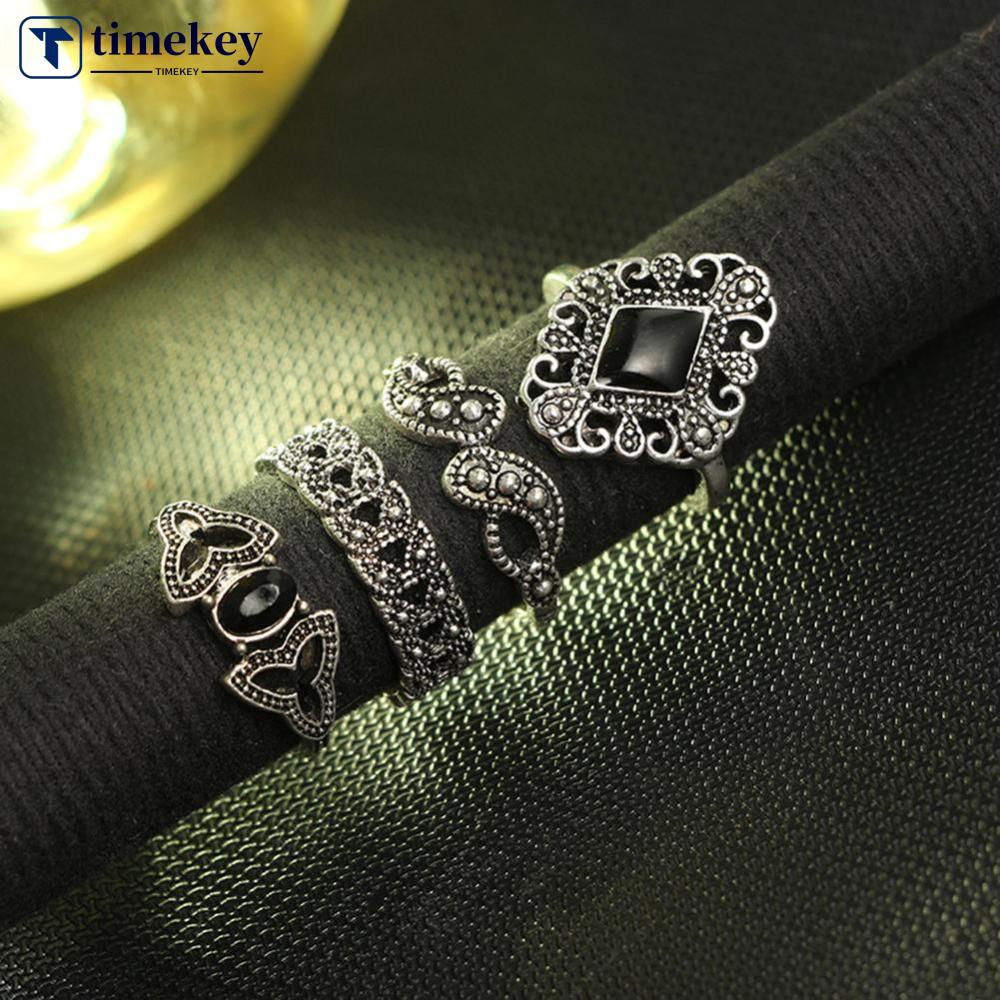 Timekey 15pcs / set Cincin Desain Bunga Matahari / Teratai / Geometri Hollow Hias Permata Hitam A6K6